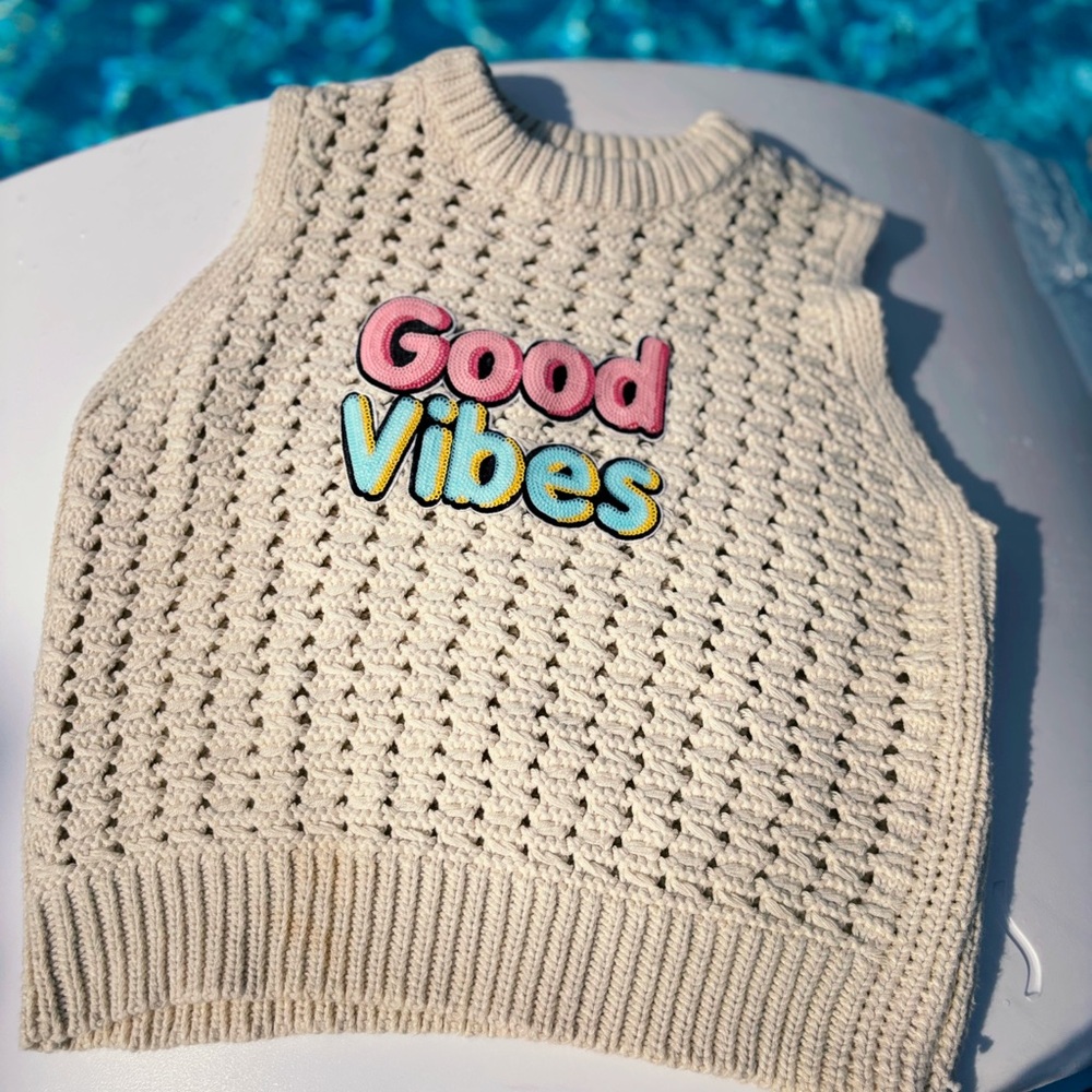 Cream Knit Vest with 'Good Vibes' Patch